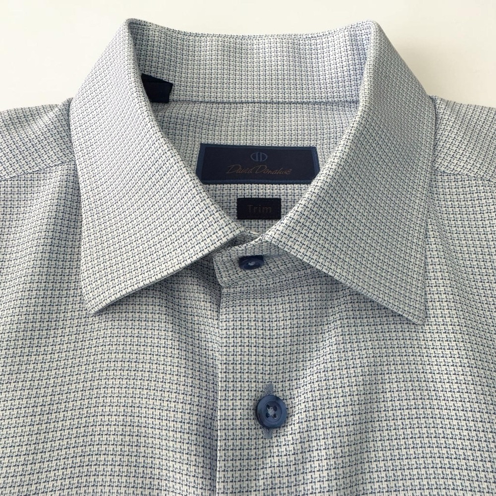 David Donahue Trim Dress Shirt Men XL 17 32/33 White Blue Micro Check Cotton - Picture 2 of 12